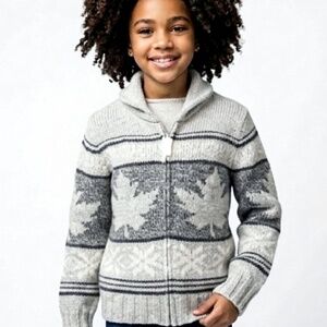 True North by Canadiana Kids M (8) Heavy Knit Full Zip Sweater - Maple Leaf